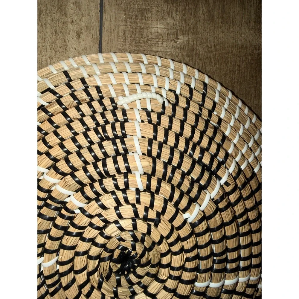 Handmade Woven Wall Basket Decor Boho Round Shallow Bowl Black White 12 Inch